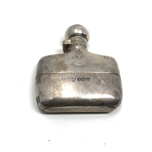 109 - Small antique silver hip flask Sheffield silver hallmarks engraved 121 pioneers weight 65g