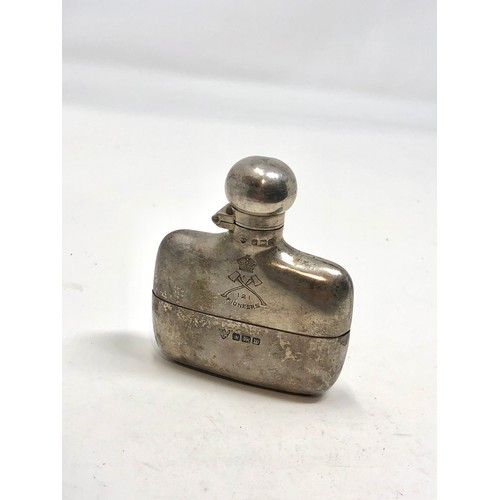 109 - Small antique silver hip flask Sheffield silver hallmarks engraved 121 pioneers weight 65g