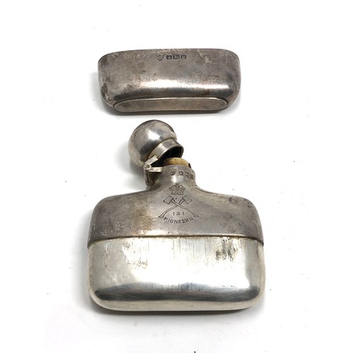 109 - Small antique silver hip flask Sheffield silver hallmarks engraved 121 pioneers weight 65g