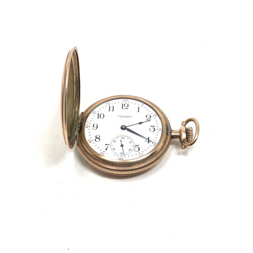 383 - Antique gold plated full hunter Waltham u.s.a pocket watch in working order but no warranty given