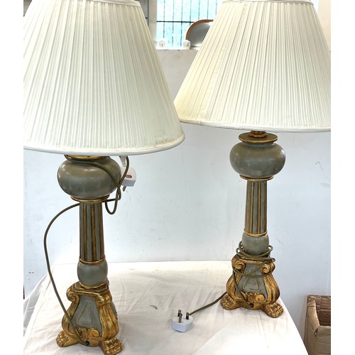 608 - Pair of brass ball and claw lamp with shades working order