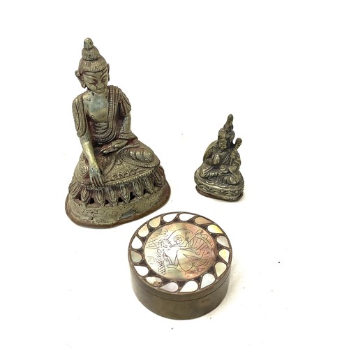 566 - 2 Metal buddha figures both have marks to base and a vintage brass and mother of pearl trinket