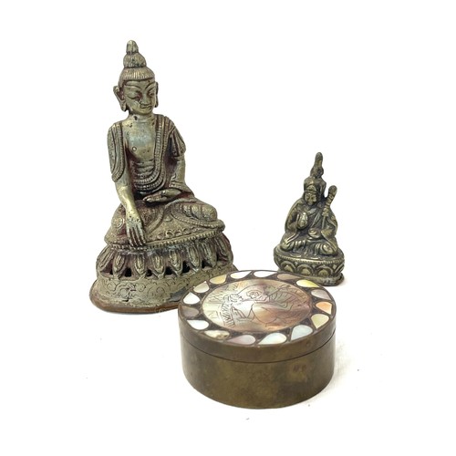 566 - 2 Metal buddha figures both have marks to base and a vintage brass and mother of pearl trinket