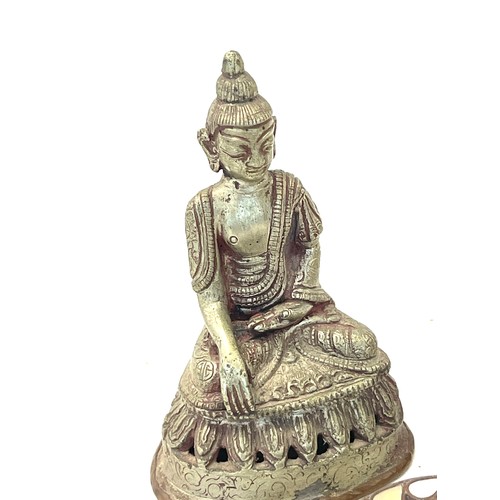 566 - 2 Metal buddha figures both have marks to base and a vintage brass and mother of pearl trinket