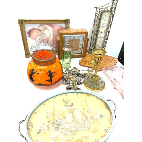 215 - Selection of miscellaneous includes hand painted glass vase, glassware, clocks etc