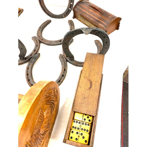 199 - Selection of miscellaneous includes dominos, cigarette box, horse shoe wall mounts etc