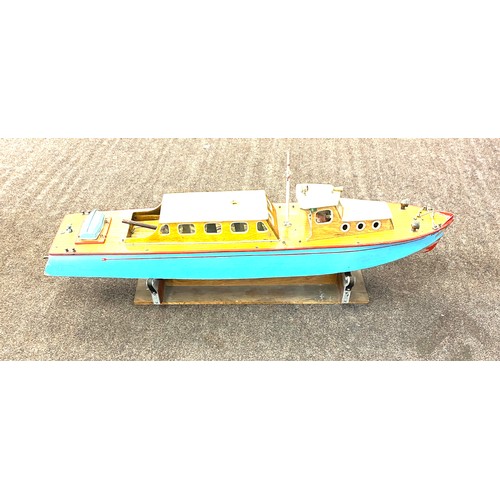 493 - Pre War Clockwork boat on stand length approx 40 inches 15inches tall including stand , with key wor... 