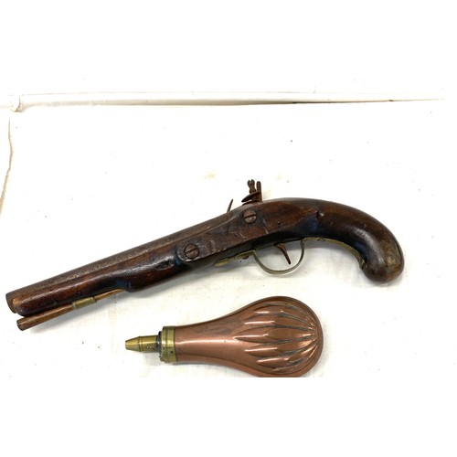 575 - Antique Flintlock Pistol and powder case