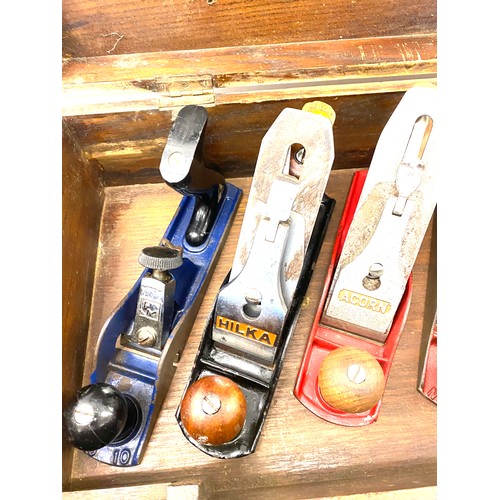 276 - 7 vintage Wood planes in a wooden tool box includes hilkers, acorns, salmons etc