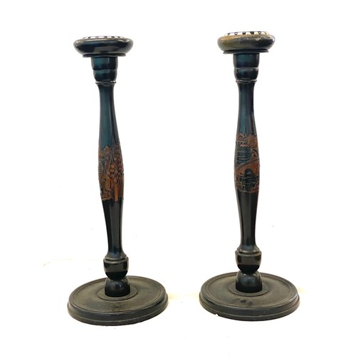 192 - Pair of vintage oak carved candle sticks height approx 20.5