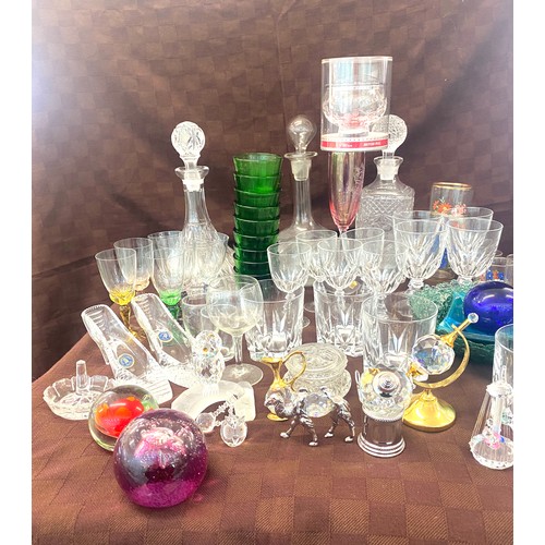 223 - Selection of vintage and later glassware includes paper weights, decanters etc