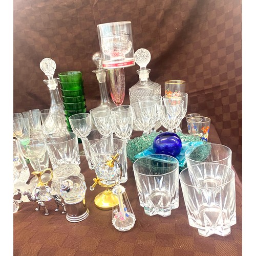 223 - Selection of vintage and later glassware includes paper weights, decanters etc