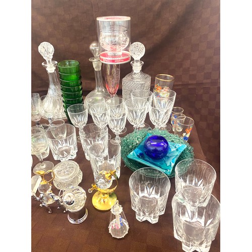 223 - Selection of vintage and later glassware includes paper weights, decanters etc