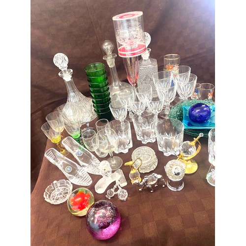 223 - Selection of vintage and later glassware includes paper weights, decanters etc