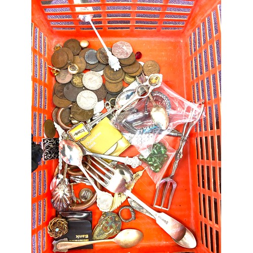 373 - Mixed lot of vintage miscellaneous items includes cutlery, jewellery, coins, rock crystal etc