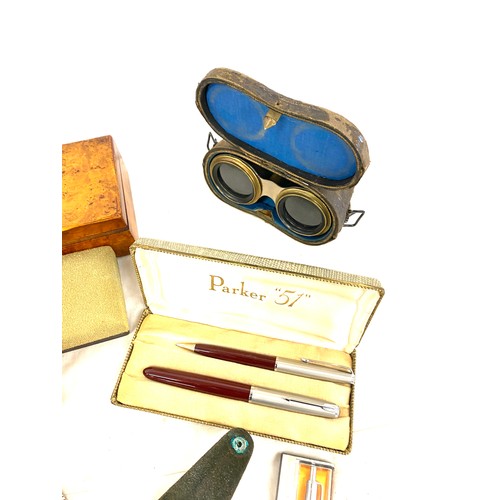 116 - Tray of assorted items includes Parker 51 set, Binoculars, Ronson table lighter, Kodak camera etc