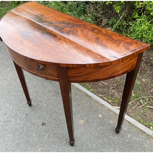 437 - Mahogany Edwardian inlaid half moon hall table, approximate measurements: Height 31 inches, width 37... 