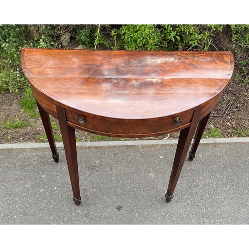 437 - Mahogany Edwardian inlaid half moon hall table, approximate measurements: Height 31 inches, width 37... 