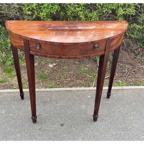 437 - Mahogany Edwardian inlaid half moon hall table, approximate measurements: Height 31 inches, width 37... 