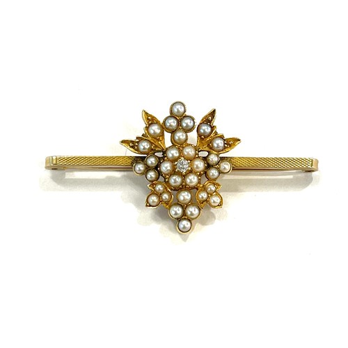 571 - 9ct Gold pearl and diamond bar brooch Birmingham hallmarks, makers marks S J R, weight approx 8.8g