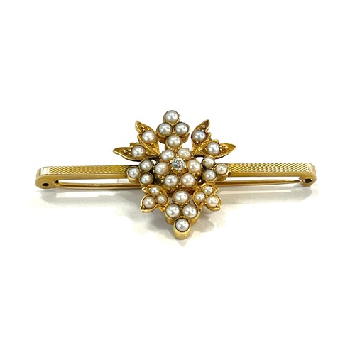 571 - 9ct Gold pearl and diamond bar brooch Birmingham hallmarks, makers marks S J R, weight approx 8.8g