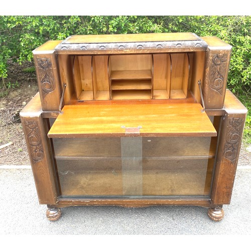 466 - Oak glazed bureau bookcase, approximate measurements: Height 43 inches, Width 44.5 inches, Depth 12 ... 