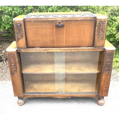 466 - Oak glazed bureau bookcase, approximate measurements: Height 43 inches, Width 44.5 inches, Depth 12 ... 