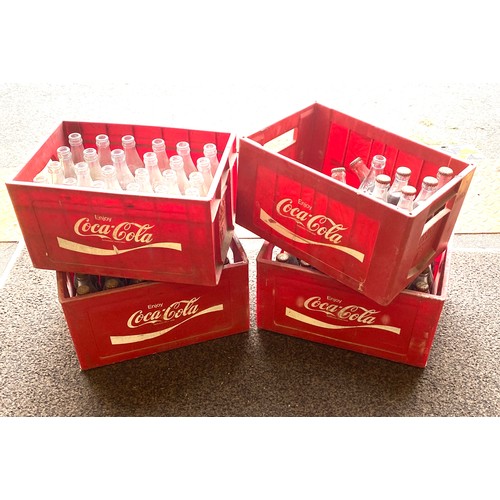 459 - 4 Vintage Cocoa Cola plastic crates with 56 full cola glass bottles, 25 empty bottles - not comsumab... 