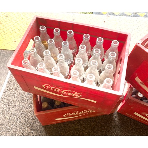 459 - 4 Vintage Cocoa Cola plastic crates with 56 full cola glass bottles, 25 empty bottles - not comsumab... 