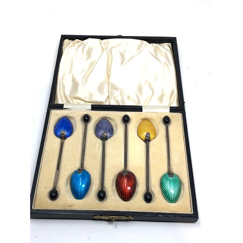 6 - Antique boxed set of 6 silver & enamel tea spoons