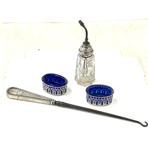 519 - Hallmarked silver scent bottle, 2 salts and long shoe hook