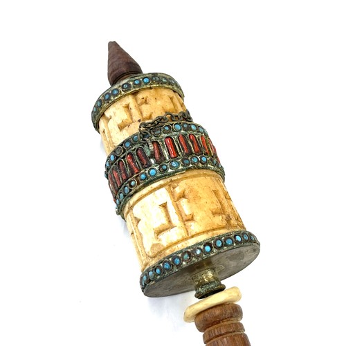 480 - Antique Tibetan prayer wheel set with turquoise and coral scroll