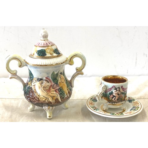 520 - 3 pieces of Capodimonte to include lidded small, small cup and saucer, all in good overall condition