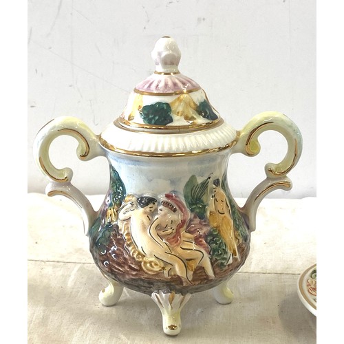 520 - 3 pieces of Capodimonte to include lidded small, small cup and saucer, all in good overall condition