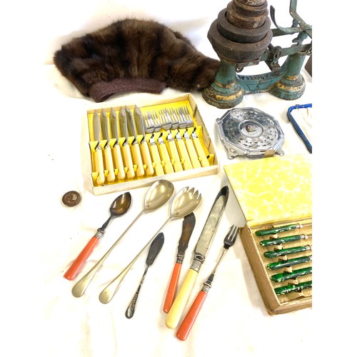 304 - Selection of miscellaneous to include silver plated cutlery, set of scales etc