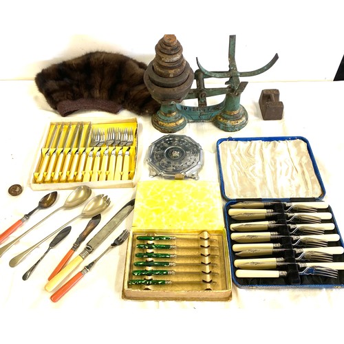 304 - Selection of miscellaneous to include silver plated cutlery, set of scales etc