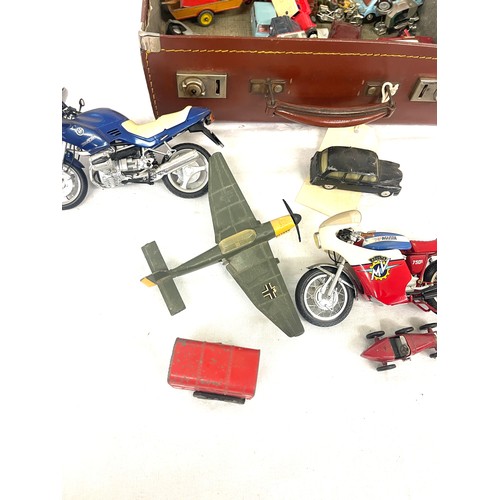 203 - Small leather case with model motorbikes, cars etc, to include Corgi