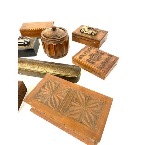 153 - Selection of vintage wooden trinket boxes, to include two made for Lesney