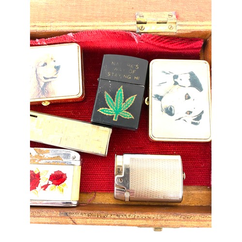 512 - Selection of vintage lighters, pill boxes in wooden box