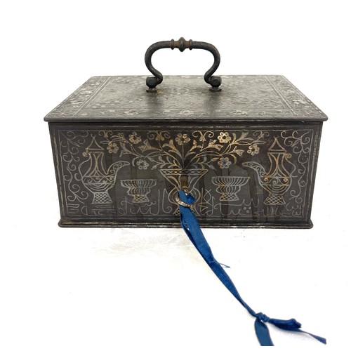56 - Antique inlaid with possibly silver lockable money / strong box, approximate measurements: Height 3 ... 
