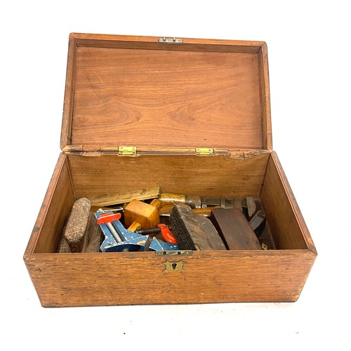 233 - Wooden tool box with contents to include G clamp, glass cutters, screwdrivers etc