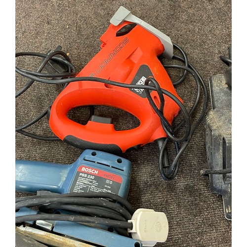 308 - Selection of power tools to include Black and Decker plane,  Black and Decker saw, Bosch sander , al... 