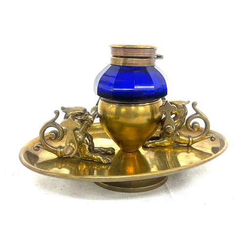 561 - Victorian ink stand with blue glass ink well