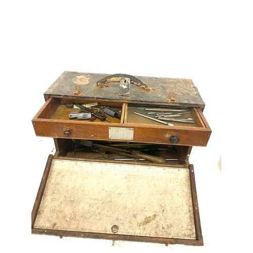 351 - Vintage wooden toolbox with contents, approximate measurements: Height 13 inches, Width 20 inches, D... 