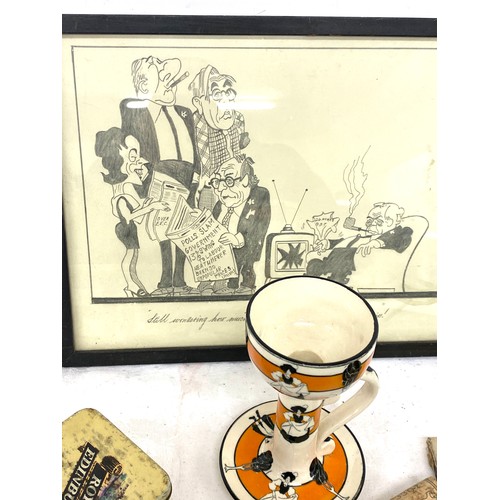 227 - Selection of collectable pieces to include advertising tin, Georgian ware pottery, painted tile etc