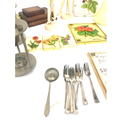 266 - Selection of miscellaneous to include silver plated cutlery, tea light holders, plaques/ tiles, wood... 