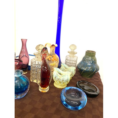 295 - Selection of art glass, pottery and decanter etc