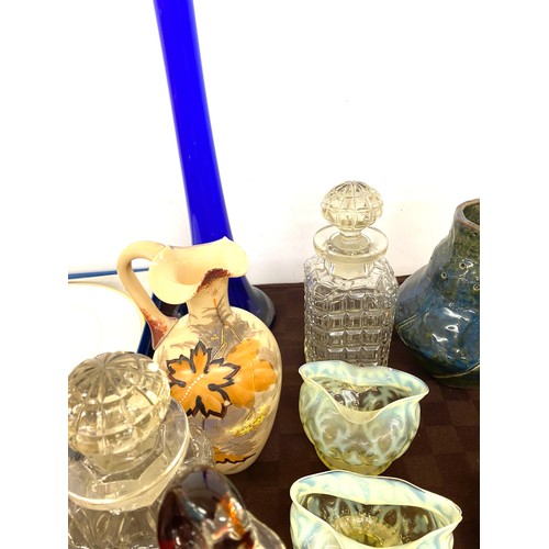 295 - Selection of art glass, pottery and decanter etc