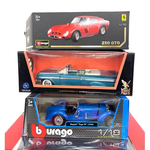 205 - Selection of boxed collector cars to include Bugatti, Chevrolet, remote controlled working Ferrari c... 