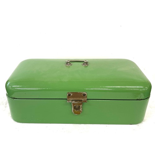 370 - Lockable Enamel bread bin, approximate measurements: Height 6,5 inches, Length 19 inches, Depth 10 i... 